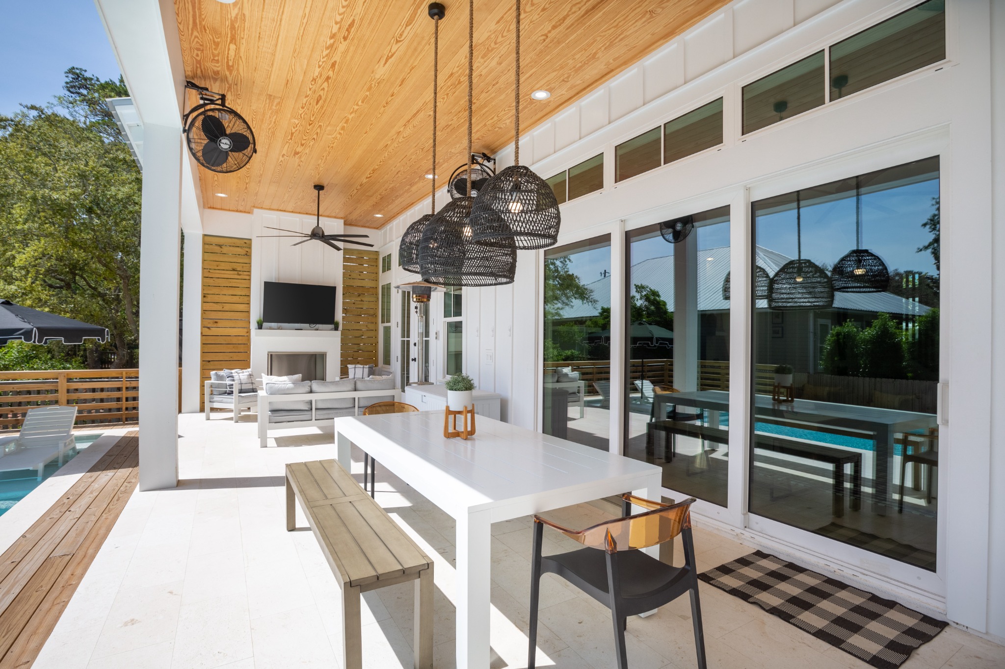 Covered outdoor patio with seating