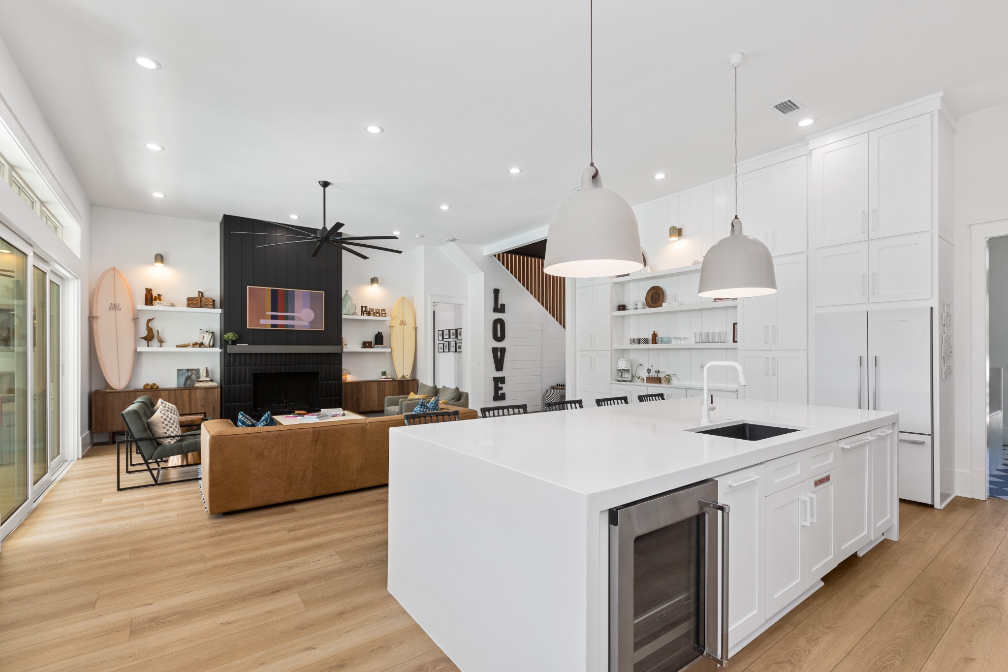 Kitchen with island and pendant lights