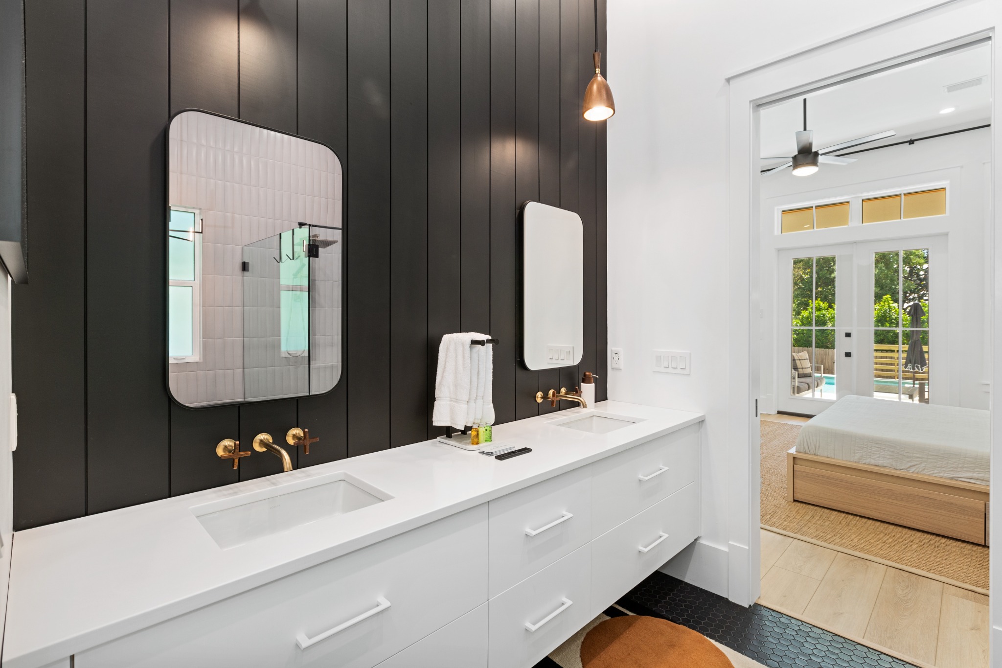 Bathroom double vanity wide view