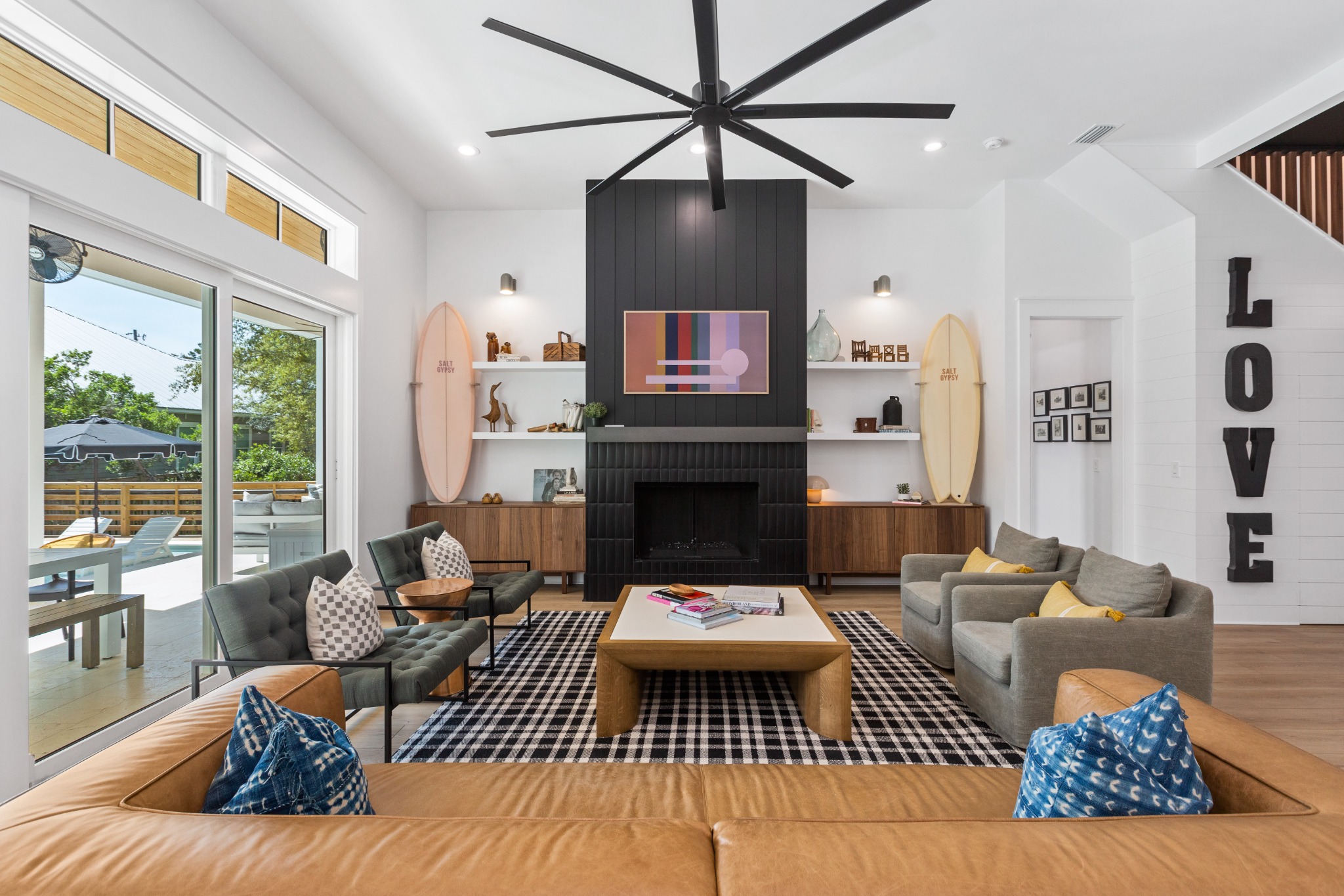 Dining table by large windows