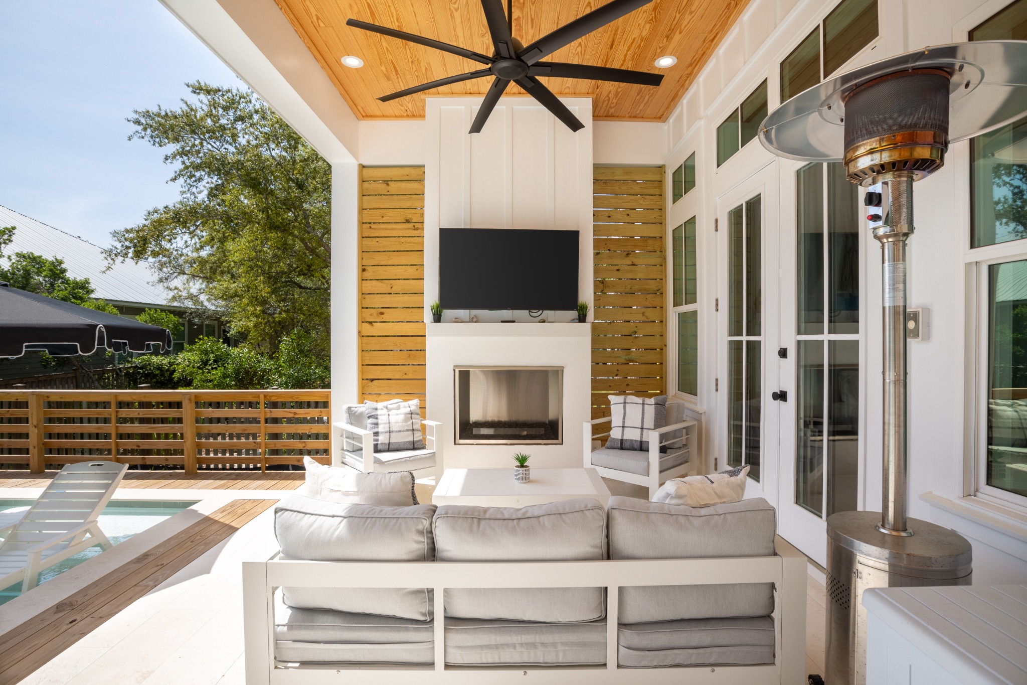 Covered patio with outdoor fireplace